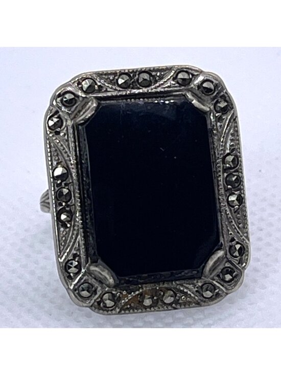 Jewelry - Art Deco Ring Black Onyx Marcasite Sterling Silver Statement Estate Size 6.25